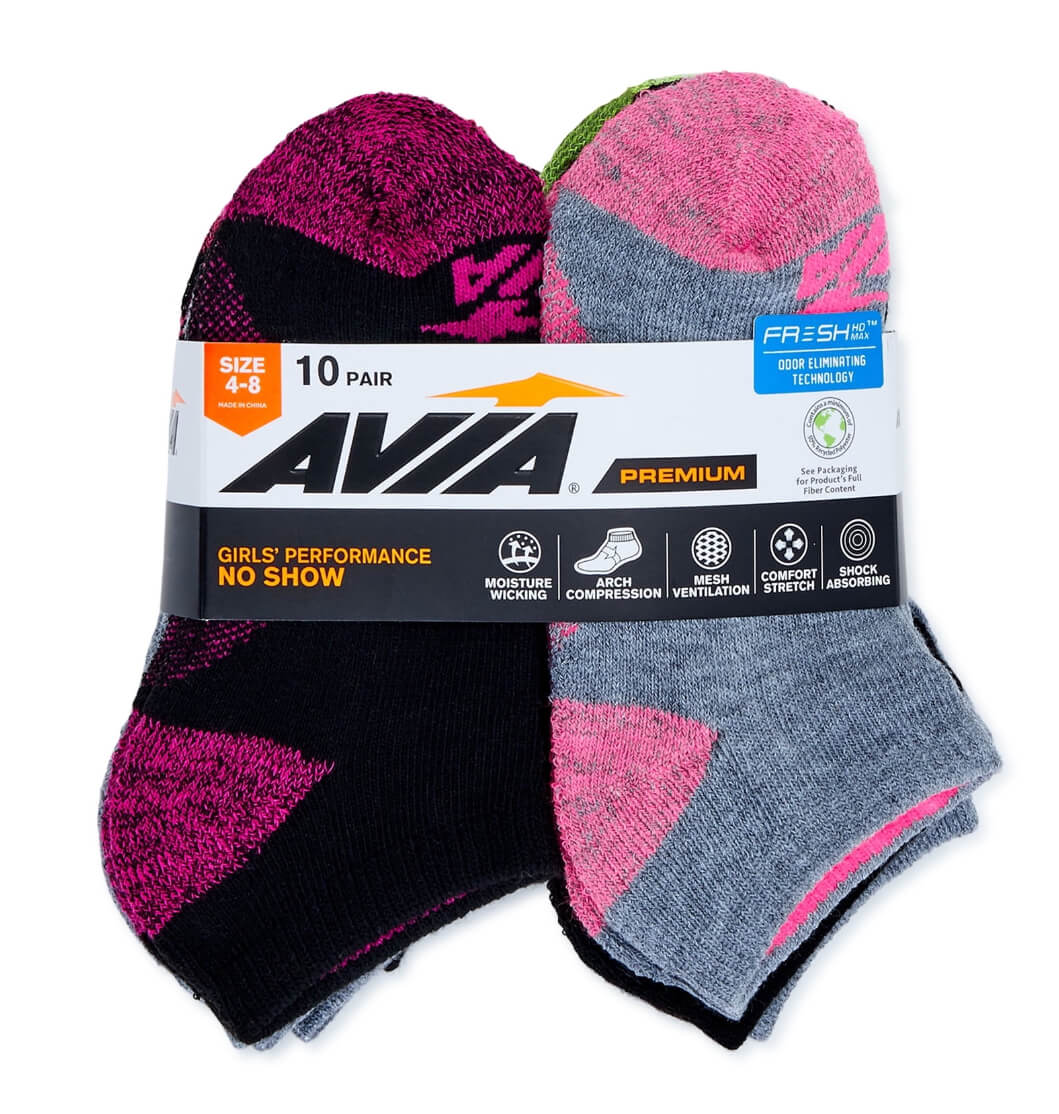 Avia Girls' No Show Socks – Cushioned, Breathable Cotton, Multi-Pack, Assorted Colors by Avia