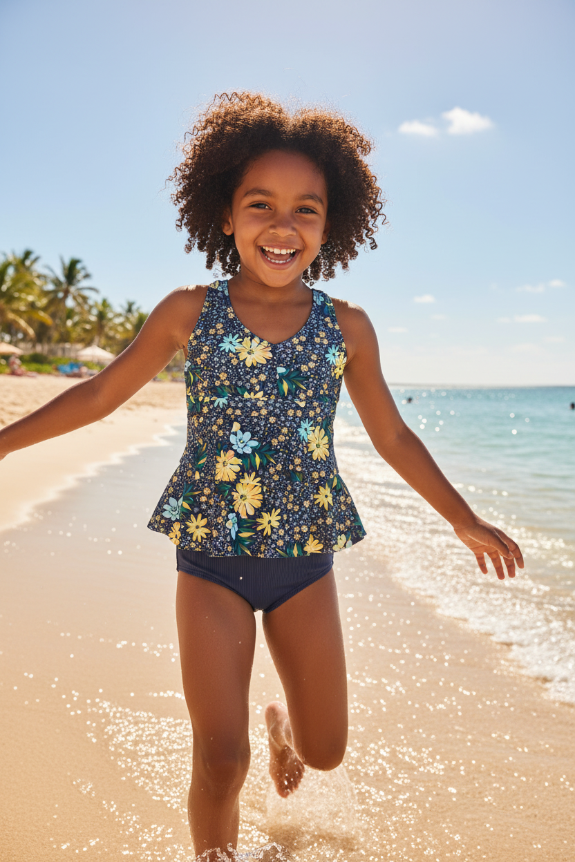 Girl with dark skin and dark hair wearing navy floral tankini swimsuit set at sunny beach or pool