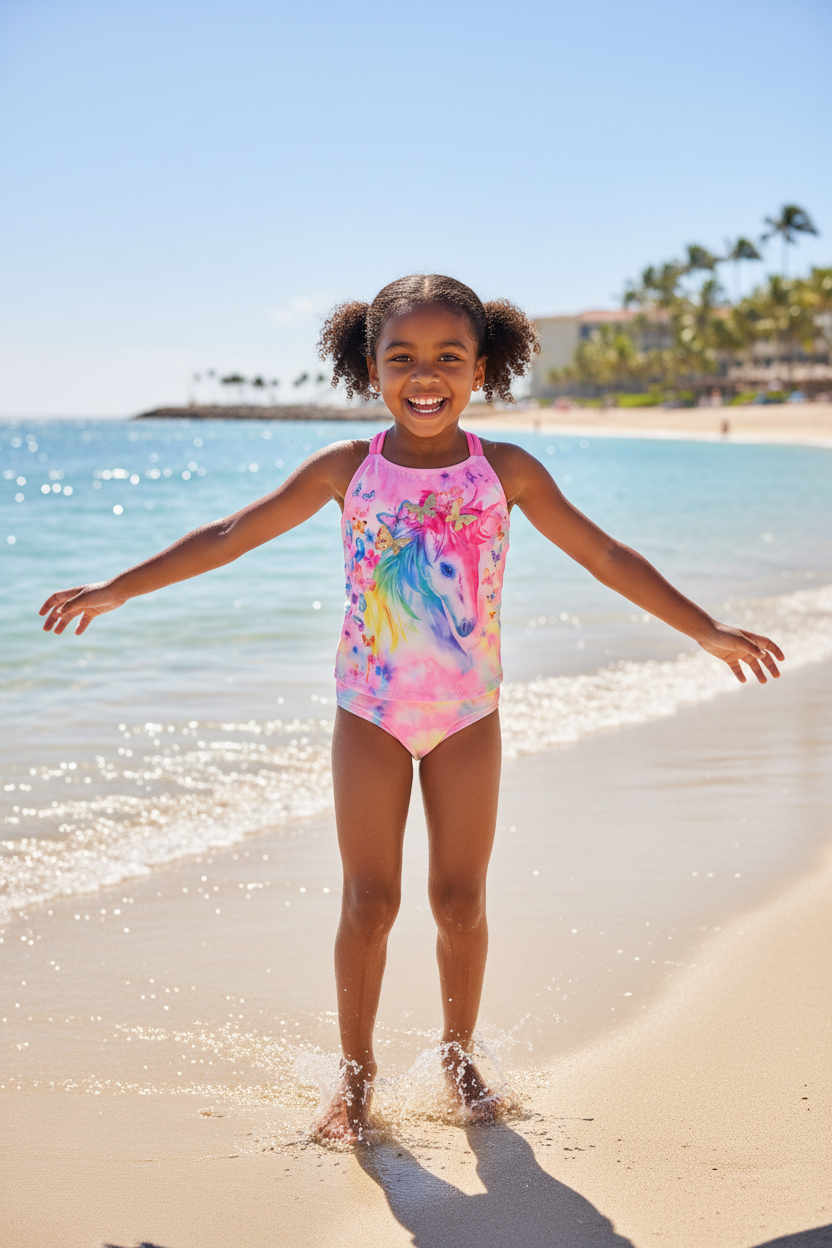 Girl aged 4-8 with dark skin and dark hair wearing pink tie-dye unicorn tankini swimsuit with rainbow unicorn print, front view, sunny outdoor setting