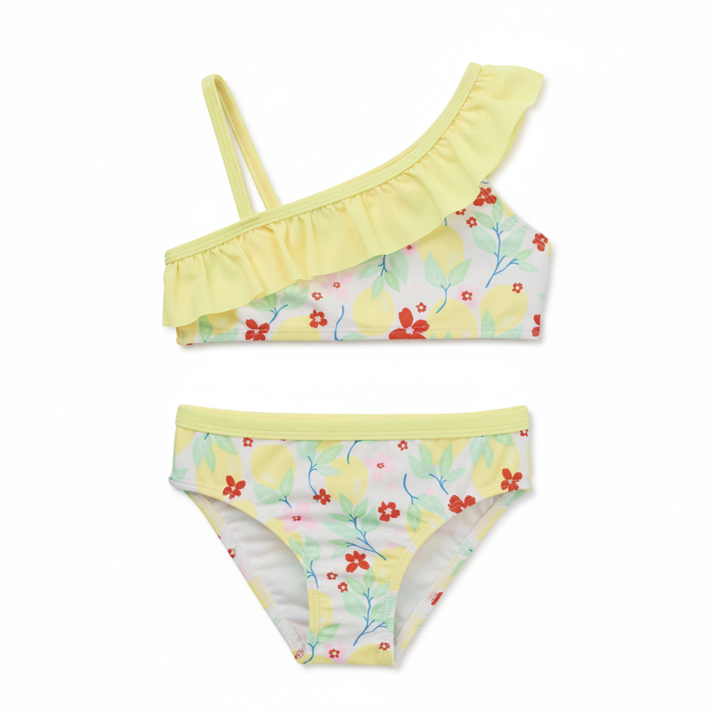 Toddler girl one-shoulder ruffle bikini set with yellow trim and floral lemon print, both pieces shown on clean white background