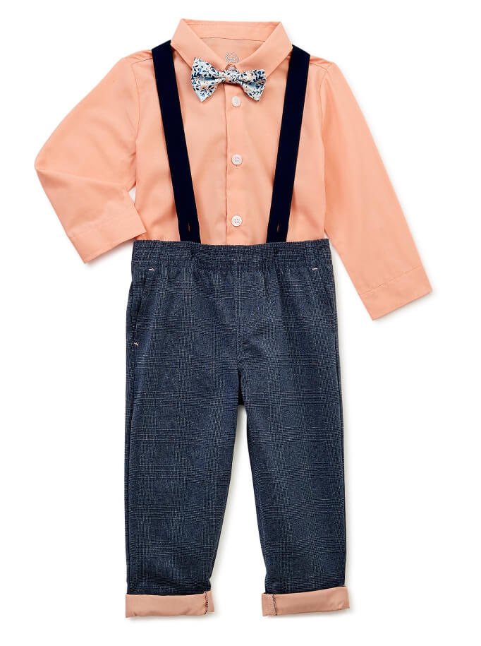 Wonder Nation Baby and Toddler Boy Button-Down Shirt, Bowtie, Suspenders and Pants Outfit Set, 4-Piece Set by Walmart
