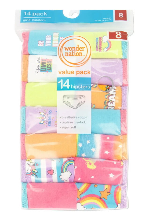 Wonder Nation Girls' 14-Pack Hipster Underwear – Tag-Free, Soft Cotton, Assorted Colors & Prints by Wonder Nation