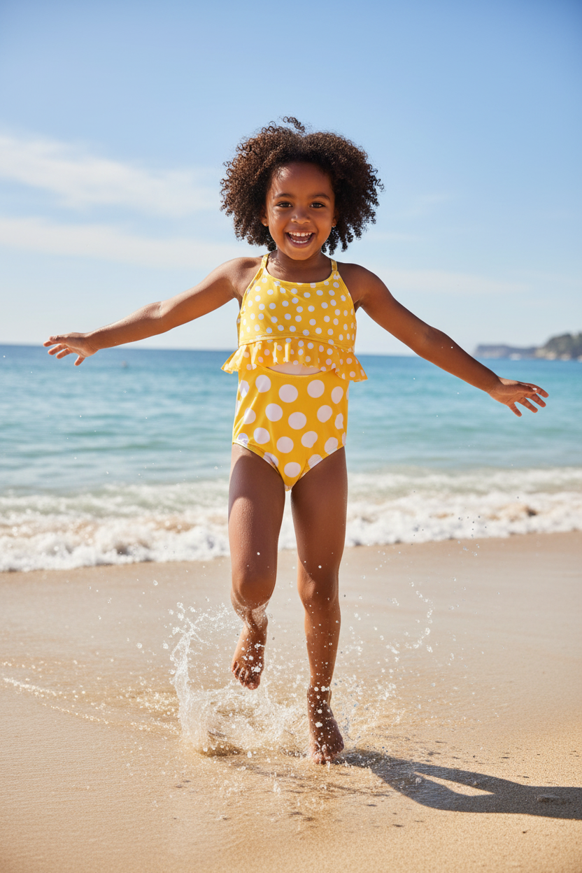 Girl with dark skin and dark hair wearing bright yellow polka dot one-piece swimsuit at sunny beach or pool