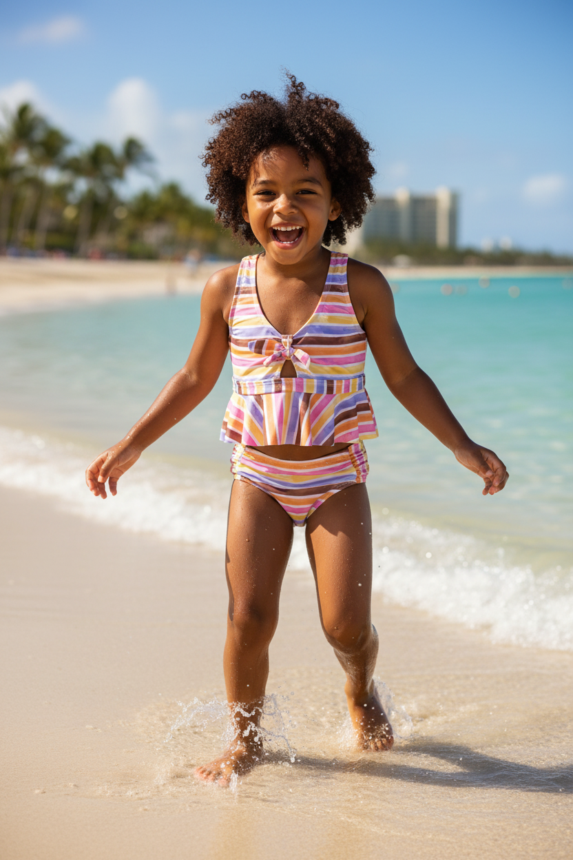 Girl with dark skin and dark hair wearing multicolor striped tankini swimsuit set at sunny beach or pool