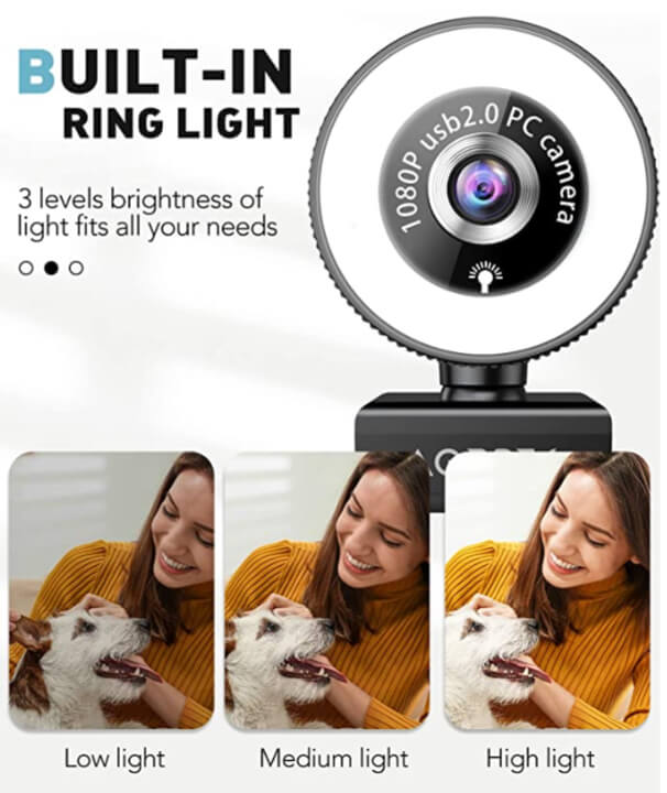 1080P HD Webcam with Ring Light & Privacy Shutter – Crystal-Clear Video, Built-In Mic, Wide-Angle View by Amazon