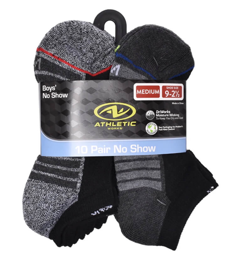 Athletic Works Boys’ No Show Socks 10-Pack – Cushioned Comfort, Arch Support & Moisture-Wicking Fabric by Athletic Works