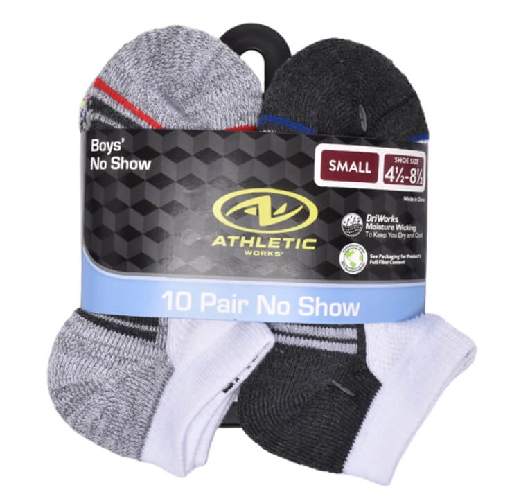 Athletic Works Boys’ No Show Socks 10-Pack – Cushioned Comfort, Arch Support & Moisture-Wicking Fabric by Athletic Works
