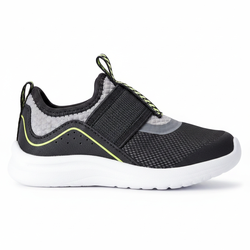 Side profile view of kids black slip-on athletic sneaker with gray panel, neon yellow-green trim and white midsole on clean white background