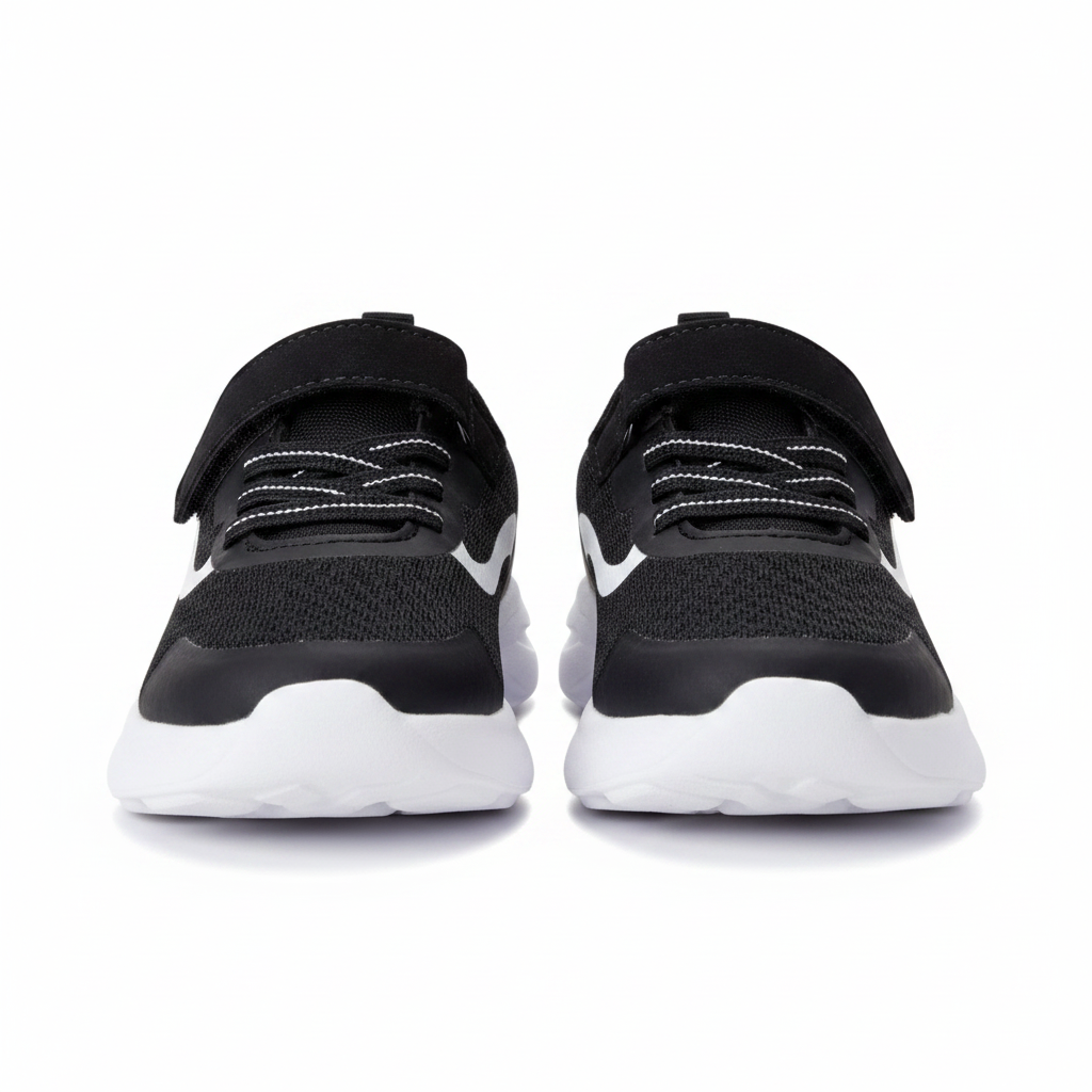 Pair of kids black sneakers side by side on clean white background
