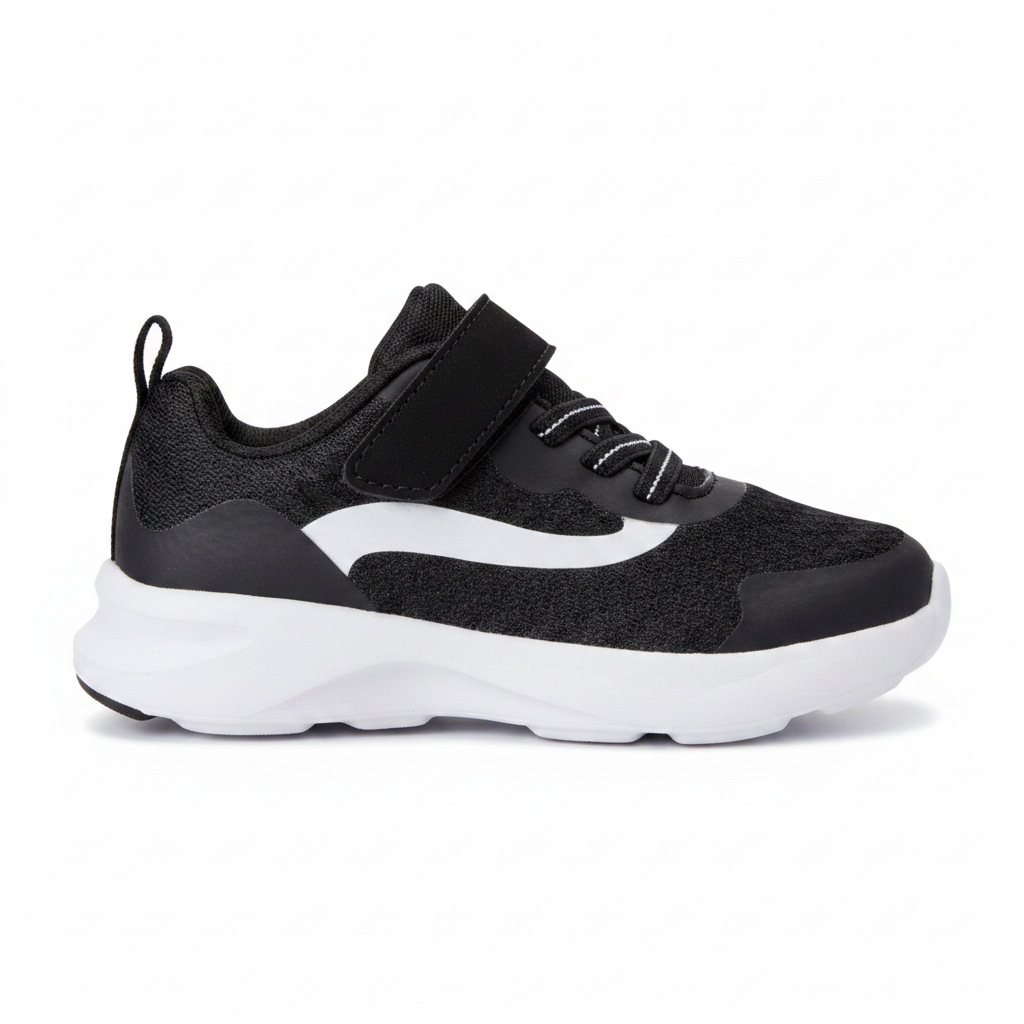 Side profile view of kids black mesh sneaker with white stripe, velcro strap and chunky white midsole on clean white background