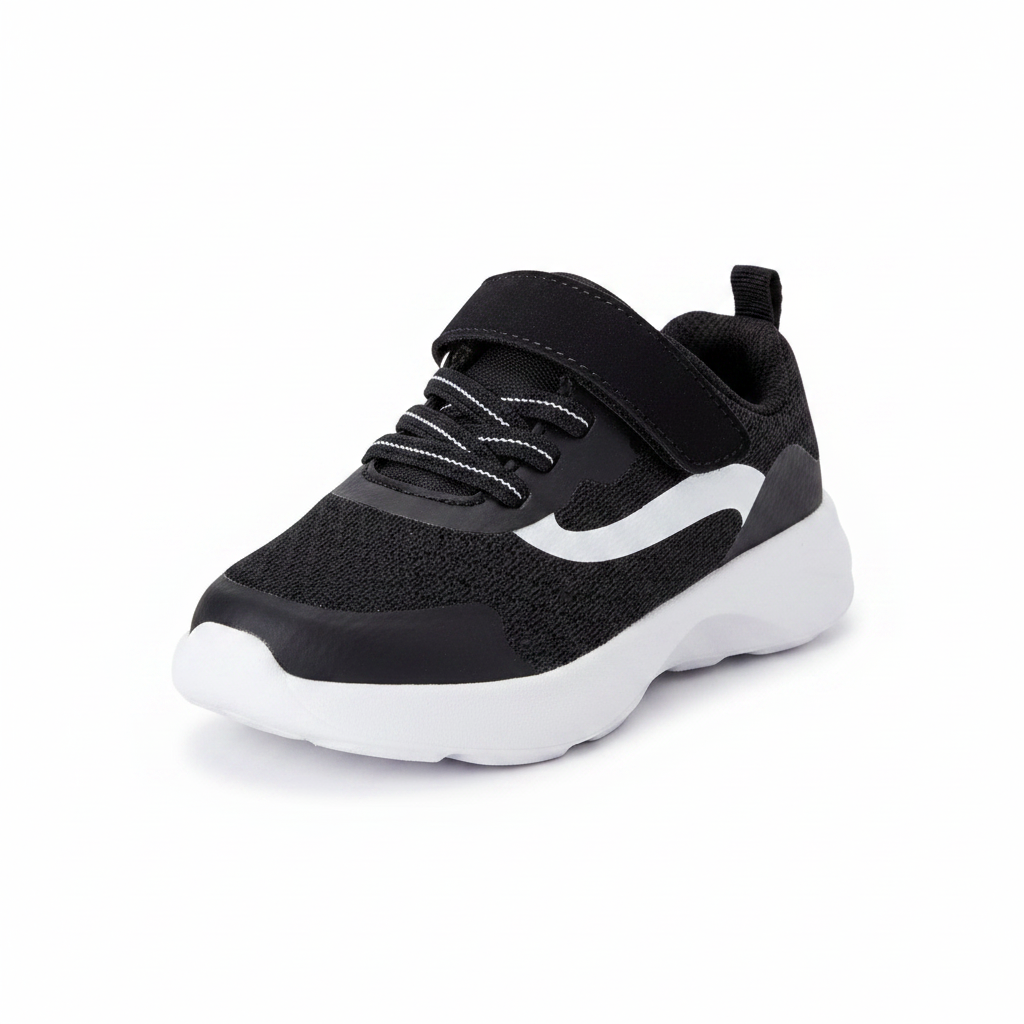 Angled 3/4 top view of kids black mesh sneaker showing upper detail and velcro strap on clean white background