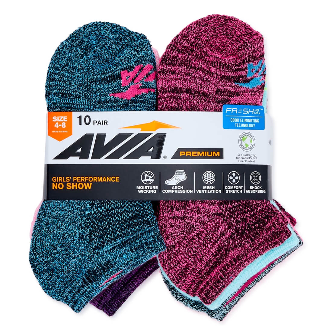 Avia Girls' No Show Socks – Cushioned, Breathable Cotton, Multi-Pack, Assorted Colors by Avia
