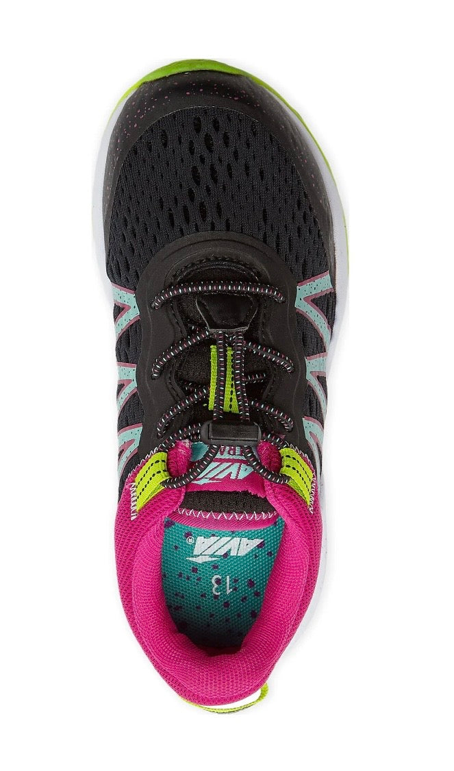 Avia Trail Runner Sneaker for Girls Black Mesh Neon Yellow Green Outsole by Avia