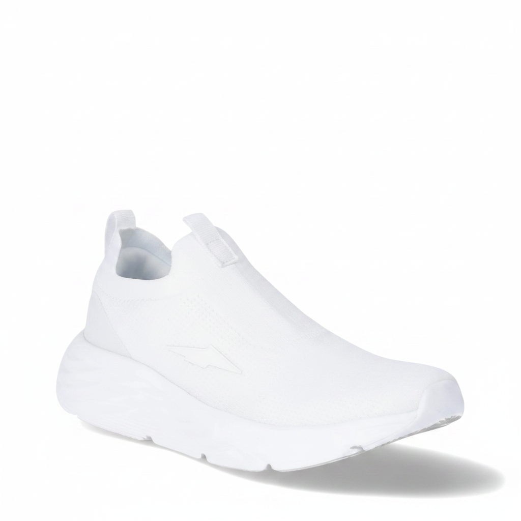Angled 3/4 top view of women's all-white slip-on sneaker showing knit upper and platform midsole detail on clean white background