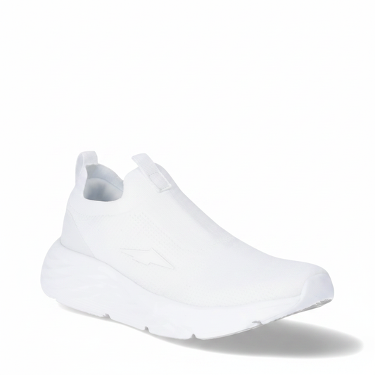 Angled 3/4 top view of women's all-white slip-on sneaker showing knit upper and platform midsole detail on clean white background