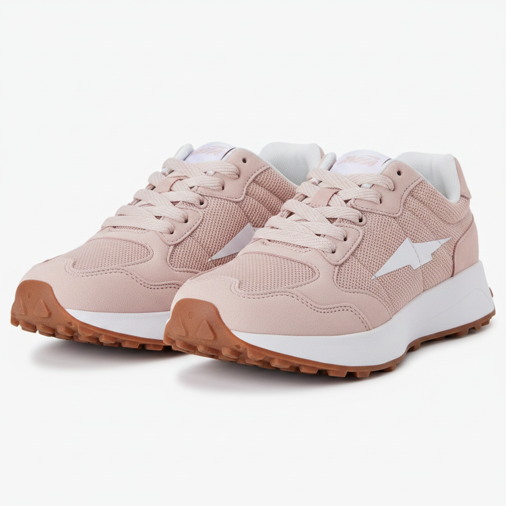 Pair of women's blush pink retro runner sneakers side by side on clean white background