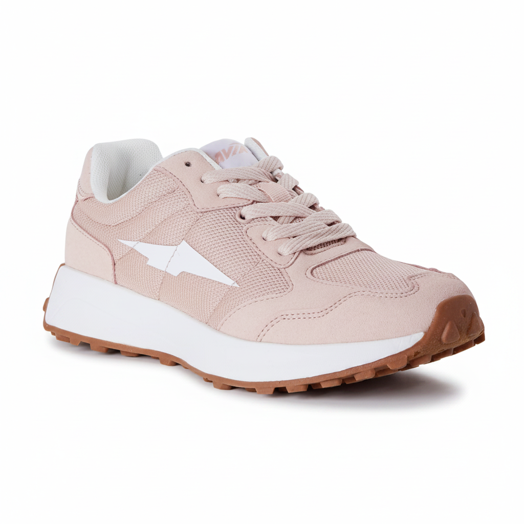 Angled 3/4 top view of women's blush pink retro runner sneaker showing upper detail on clean white background