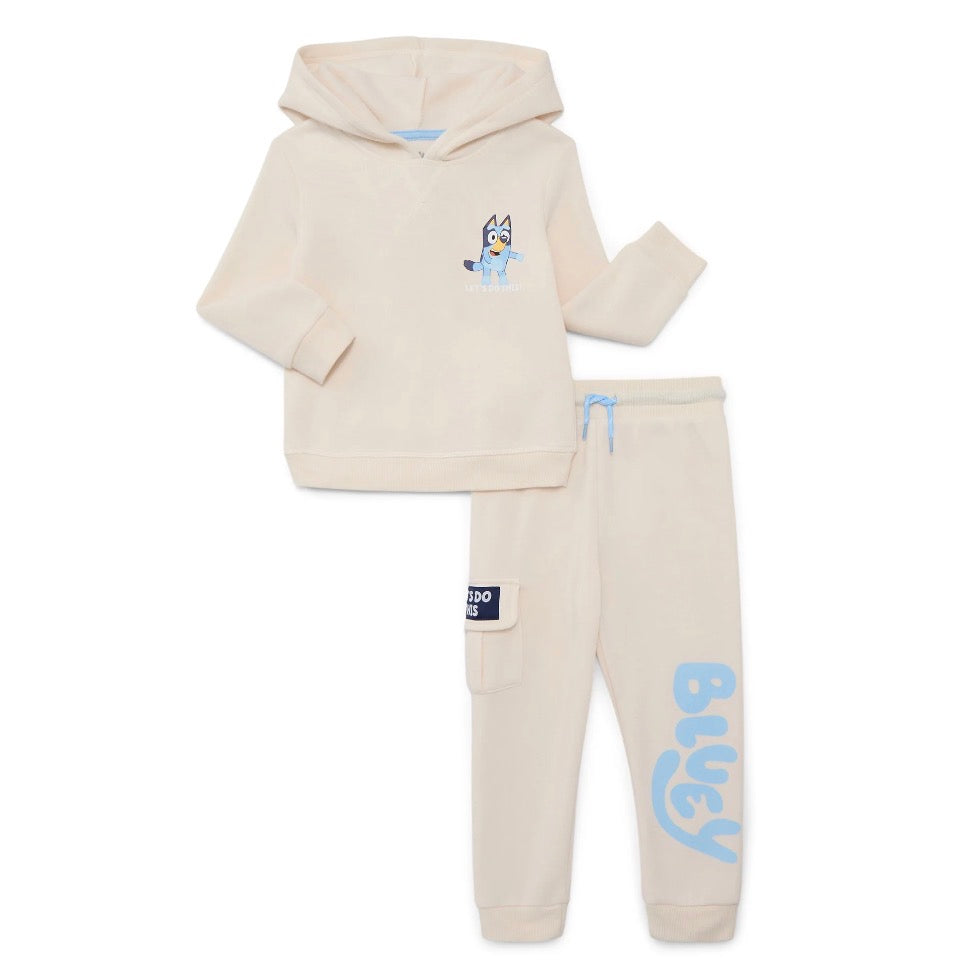Beige hoodie and pants set with cartoon character and text on a white background