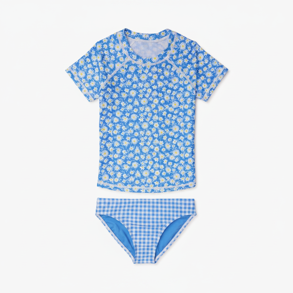 Girls blue daisy rashguard and gingham bikini bottom set hero shot on clean white background, both pieces shown