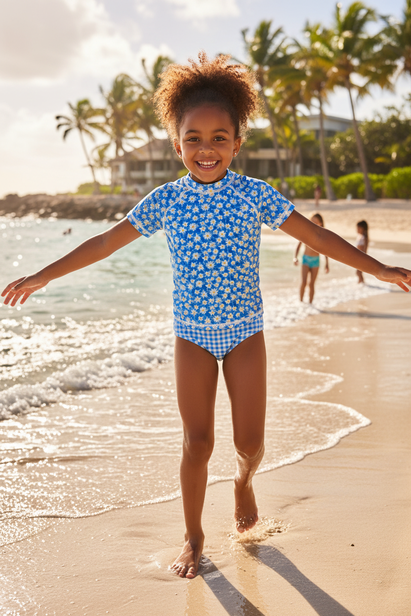 Girl aged 4-8 with dark skin and dark hair wearing blue daisy rashguard swimsuit set, front view, sunny outdoor setting