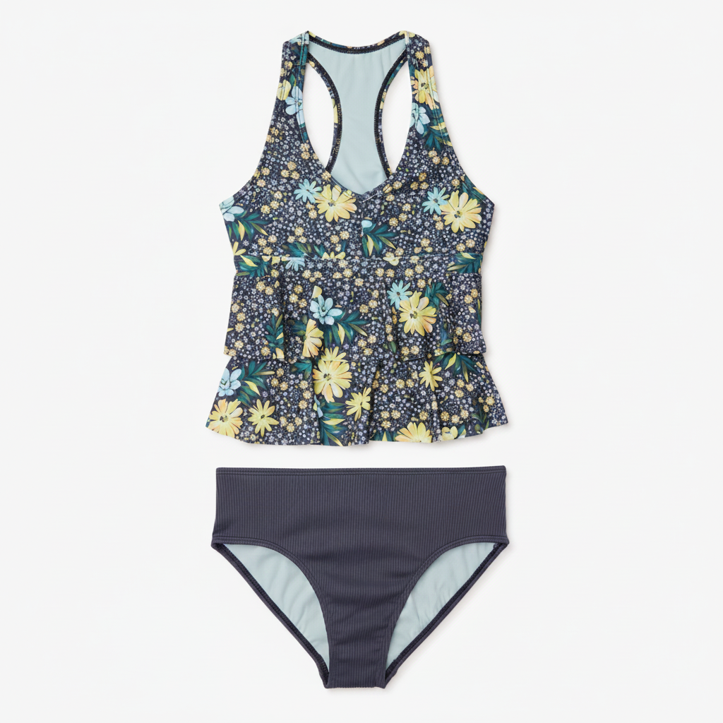Girls navy floral peplum racerback tankini top and solid navy ribbed bikini bottoms hero shot on clean white background, both pieces shown