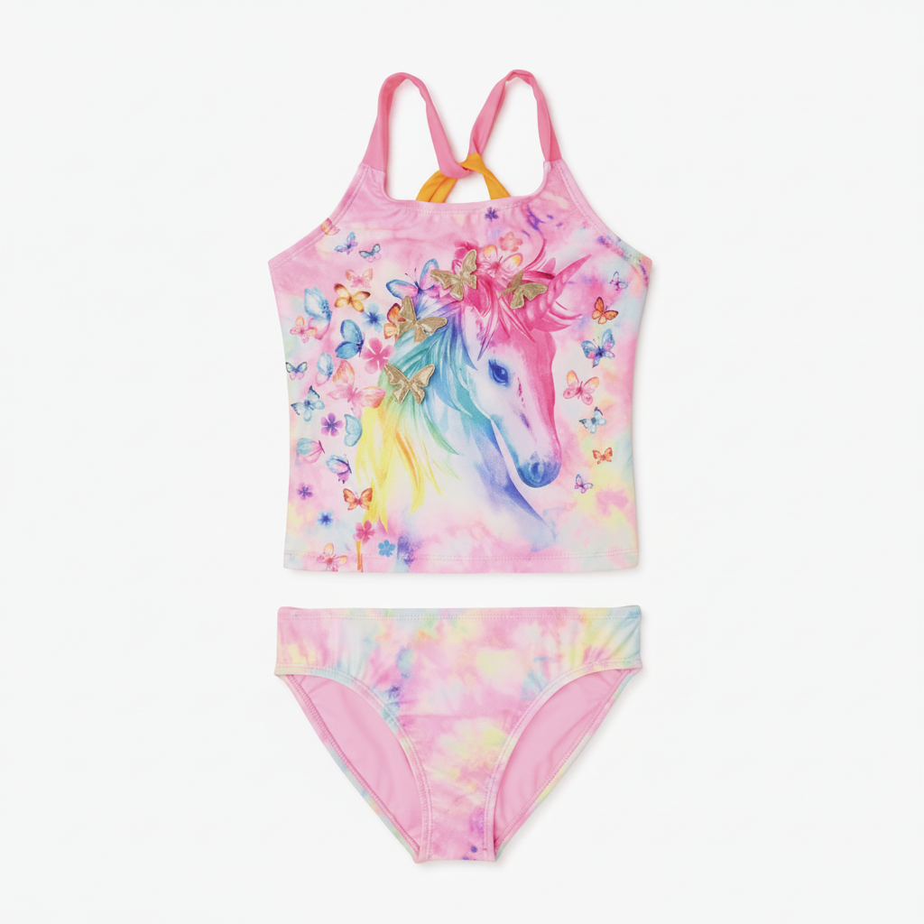 Girls pink tie-dye unicorn tankini swimsuit set hero shot on clean white background, both pieces shown