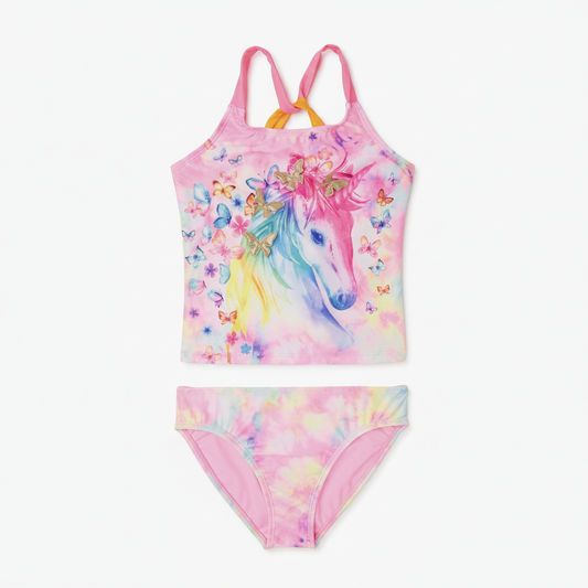 Girls pink tie-dye unicorn tankini swimsuit set hero shot on clean white background, both pieces shown