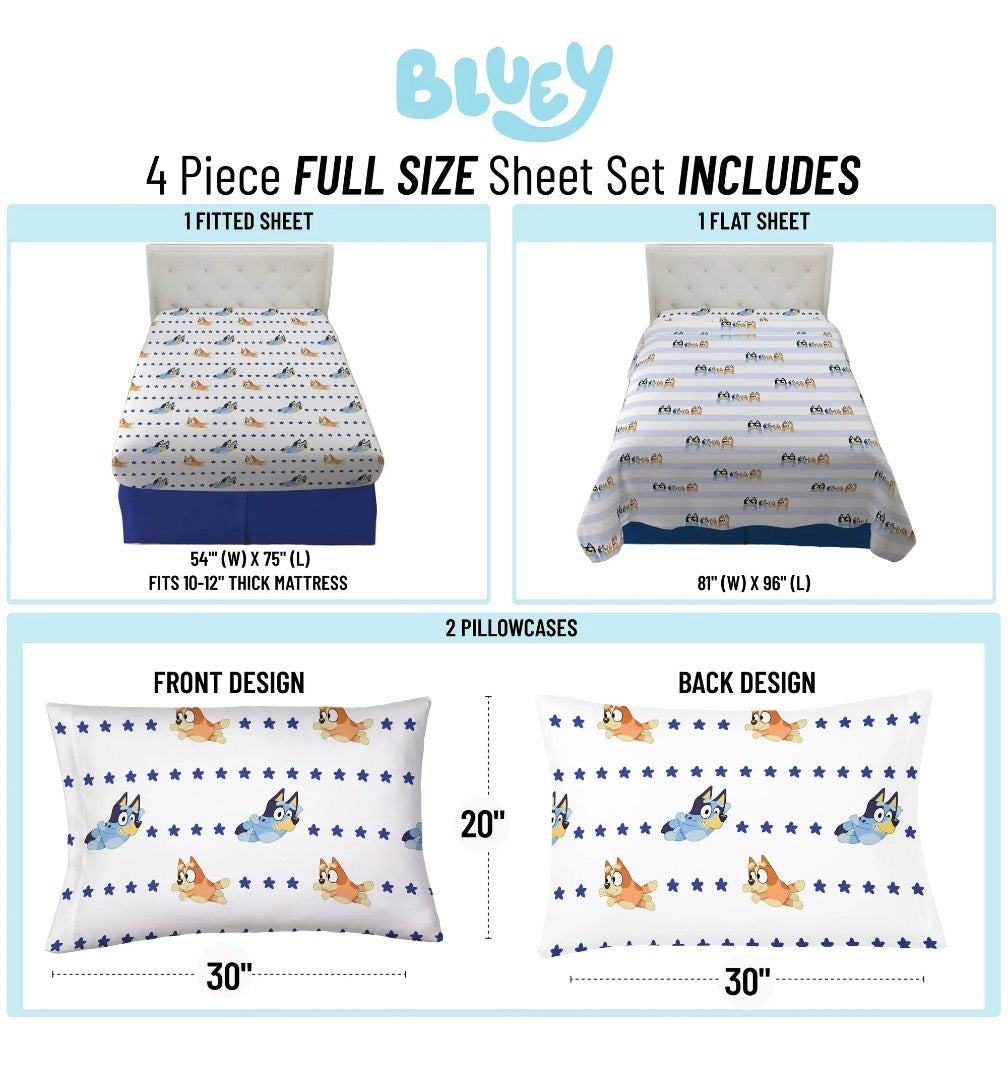 Bluey In The Dream Kids 4-Piece Full Sheet Set, Microfiber, Blue