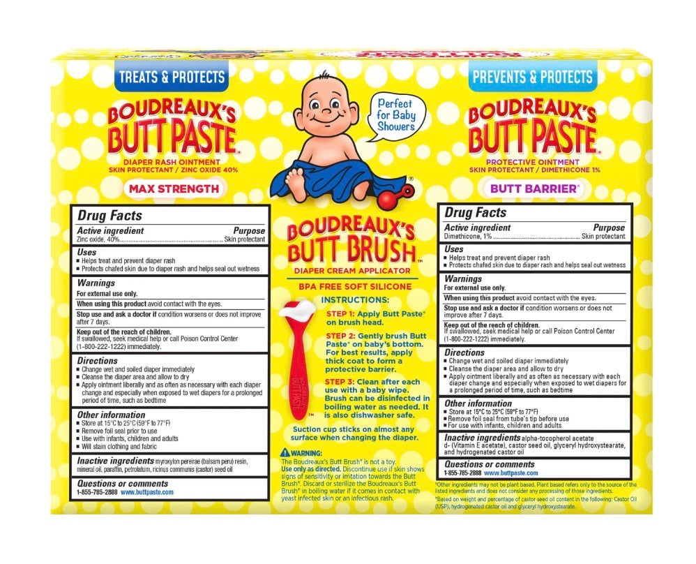 Boudreaux’s Butt Paste Baby Shower Bundle, Includes Max Strength Butt Paste, Barrier & Brush