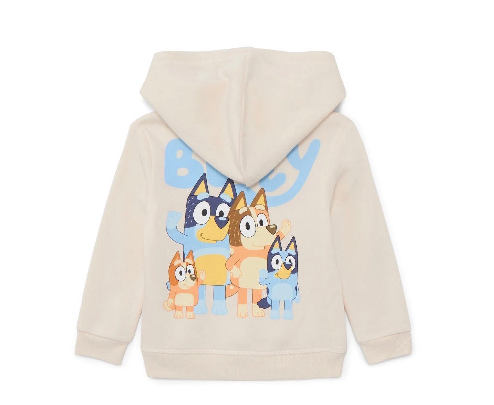 Beige hoodie with cartoon character design on the back against a white background