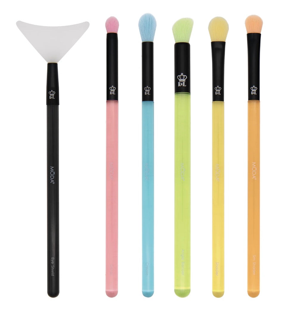 Moda Brush Neon Blend and Defend 6pc Makeup Brush Kit, Includes Eye Shield, Crease, and Detail Brushes