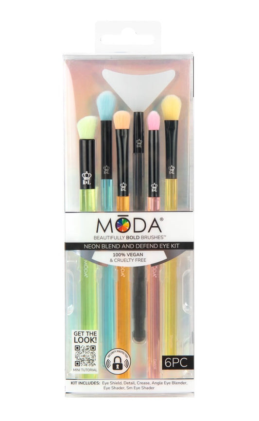 Moda Brush Neon Blend and Defend 6pc Makeup Brush Kit, Includes Eye Shield, Crease, and Detail Brushes