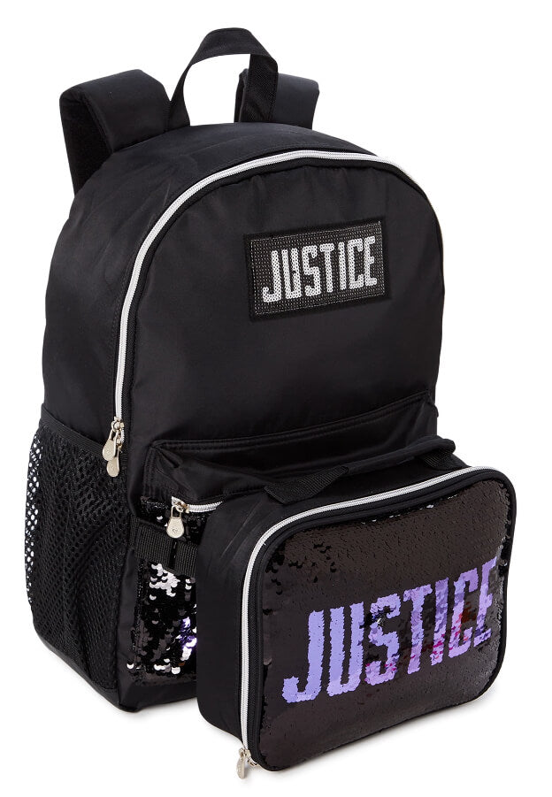 Justice Girls 17" Laptop Backpack 2-Piece Lunch Tote Set Black Sequin by Walmart