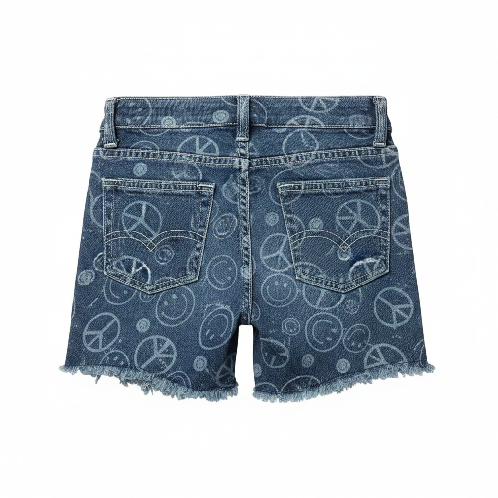 Justice Girls High Rise Midi Short Peace Sign Smile Print Denim Raw Frayed Hem by Justice