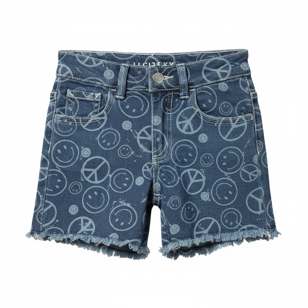Justice Girls High Rise Midi Short Peace Sign Smile Print Denim Raw Frayed Hem by Justice
