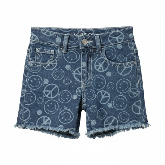 Justice Girls High Rise Midi Short Peace Sign Smile Print Denim Raw Frayed Hem by Justice