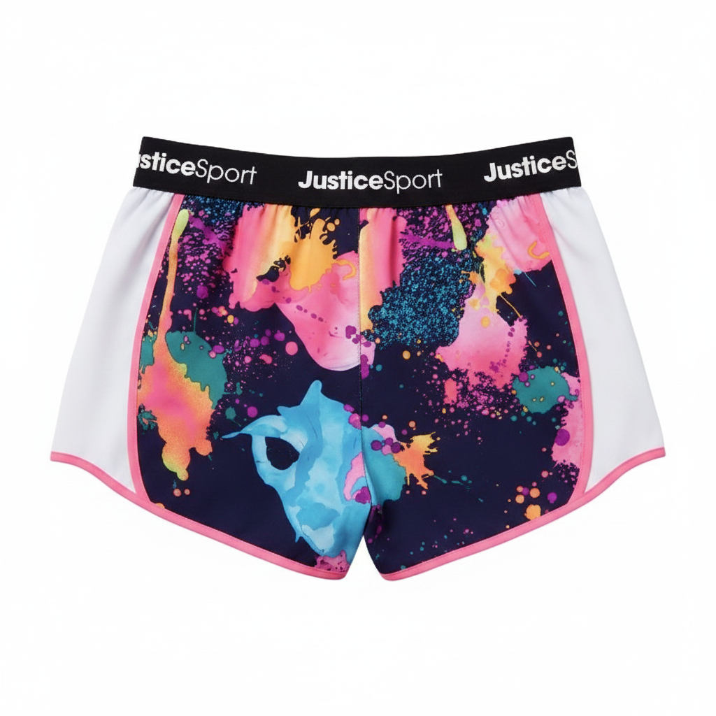 Justice Girls Jsport Running Shorts Watercolor Print Pink Trim Elastic Waistband by Justice