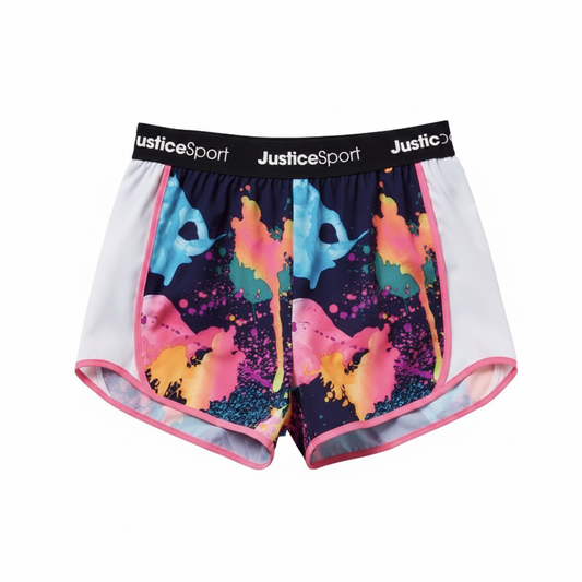 Justice Girls Jsport Running Shorts Watercolor Print Pink Trim Elastic Waistband by Justice