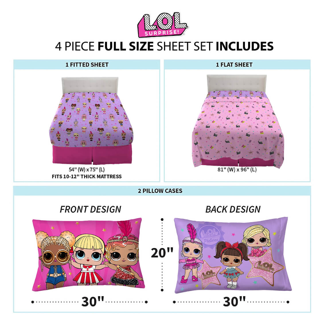 LOL Surprise Kids Full Sheet Set, Pink and Purple by Walmart