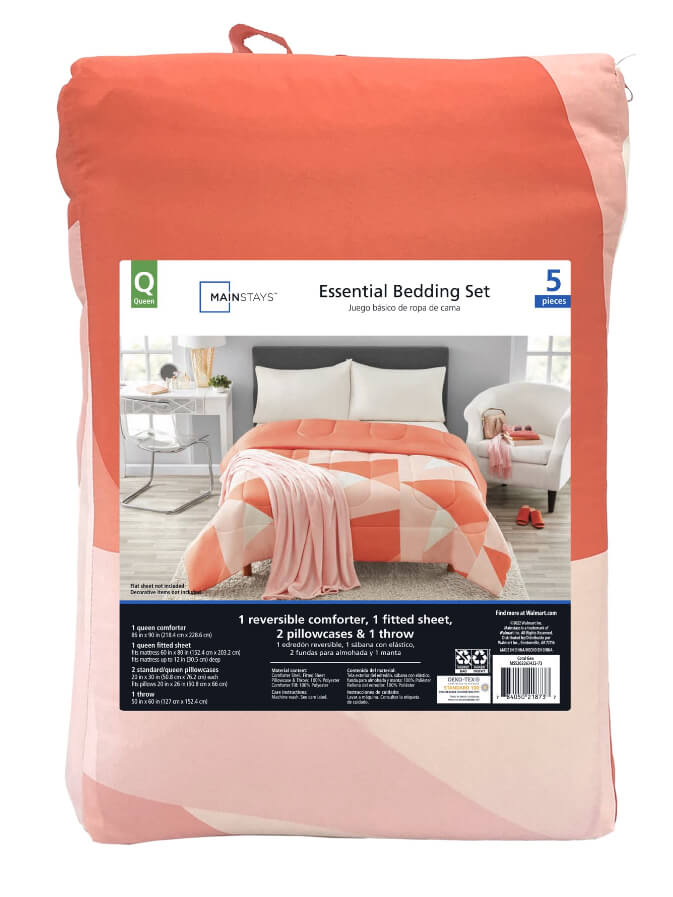 Mainstays Coral Geometric 5-Piece Bed in a Bag Comforter Set with Plush Throw – Reversible, Soft Microfiber, Machine Washable by Mainstays