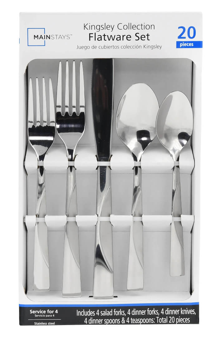 Mainstays Kingsley 20-Piece Flatware Set – Polished & Matte Two-Tone Stainless Steel for Everyday Dining by Mainstays