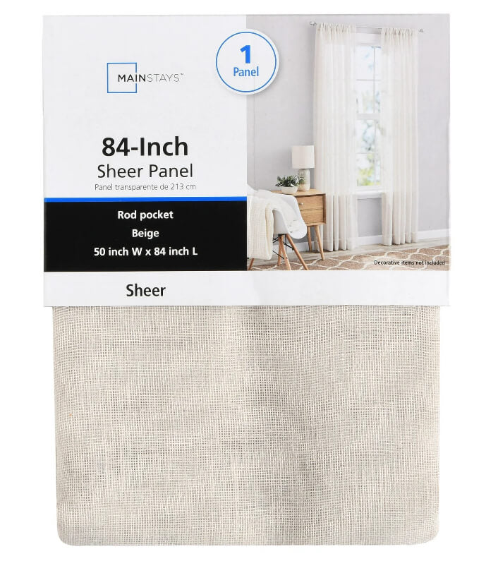 Mainstays Sheer Curtain Panel – 50" x 84" Rod Pocket Window Treatment- Beige by Mainstays
