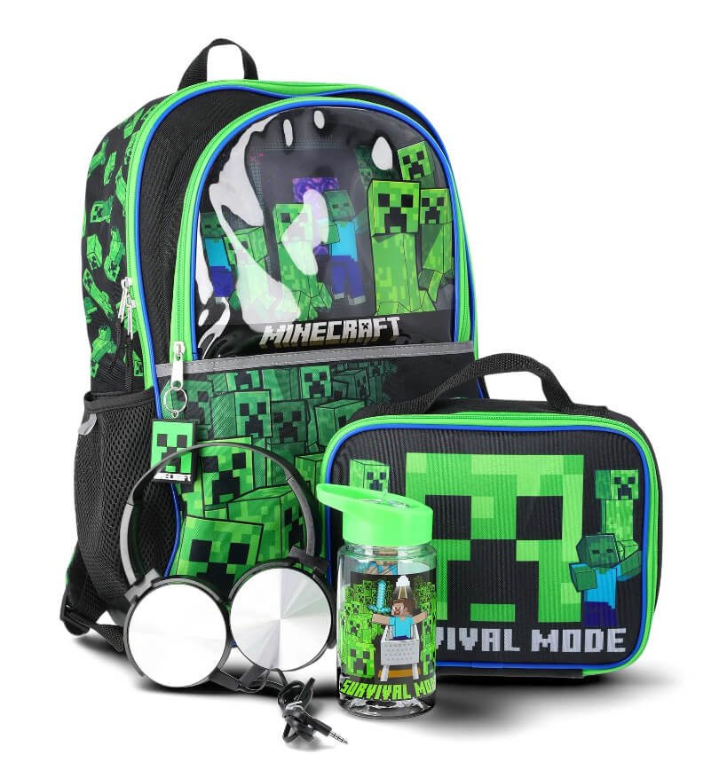 Minecraft 5-Piece Kids Backpack Set – Includes Backpack, Lunchbox, Water Bottle, Headphones & Keychain by Minecraft