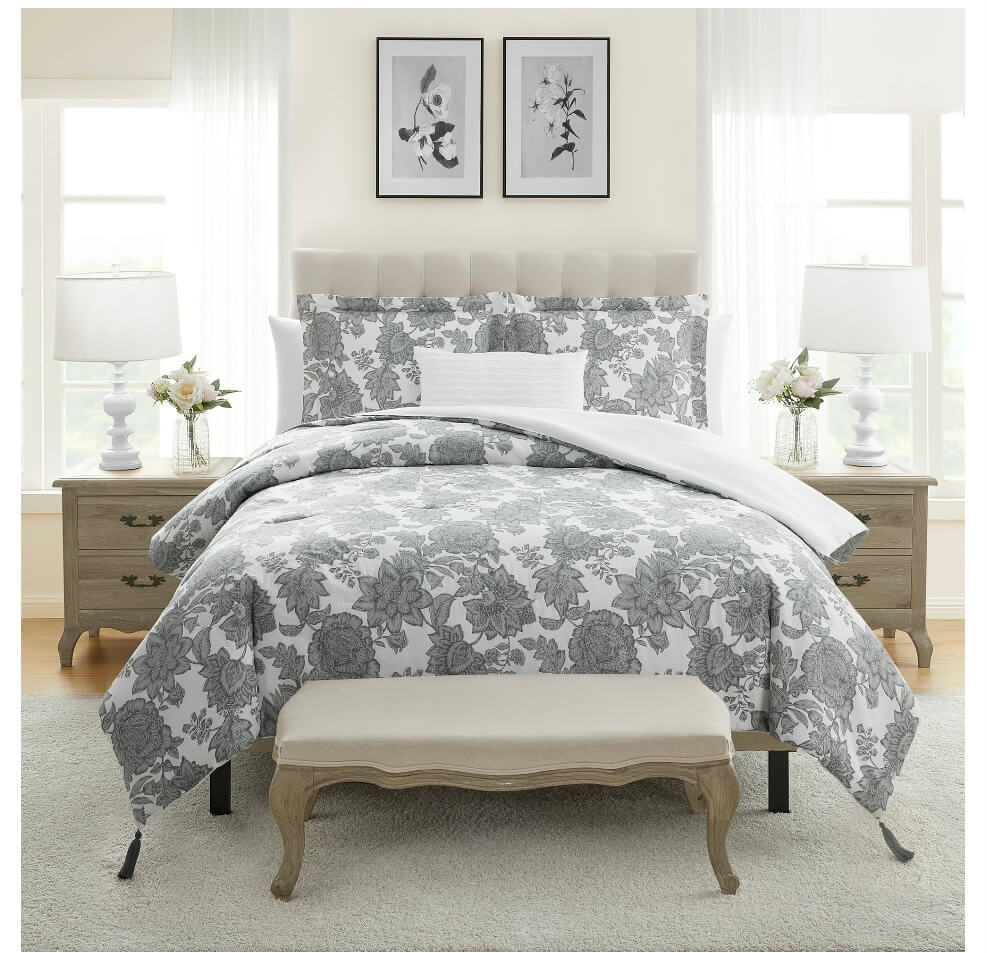My Texas House Victoria Floral Cotton Slub Comforter Set – 4-Piece Jacobean Bedding Ensemble by My Texas House