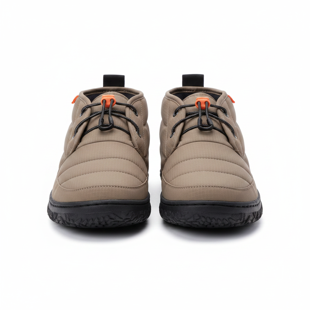 Pair of taupe quilted puffer chukka boots side by side on clean white background