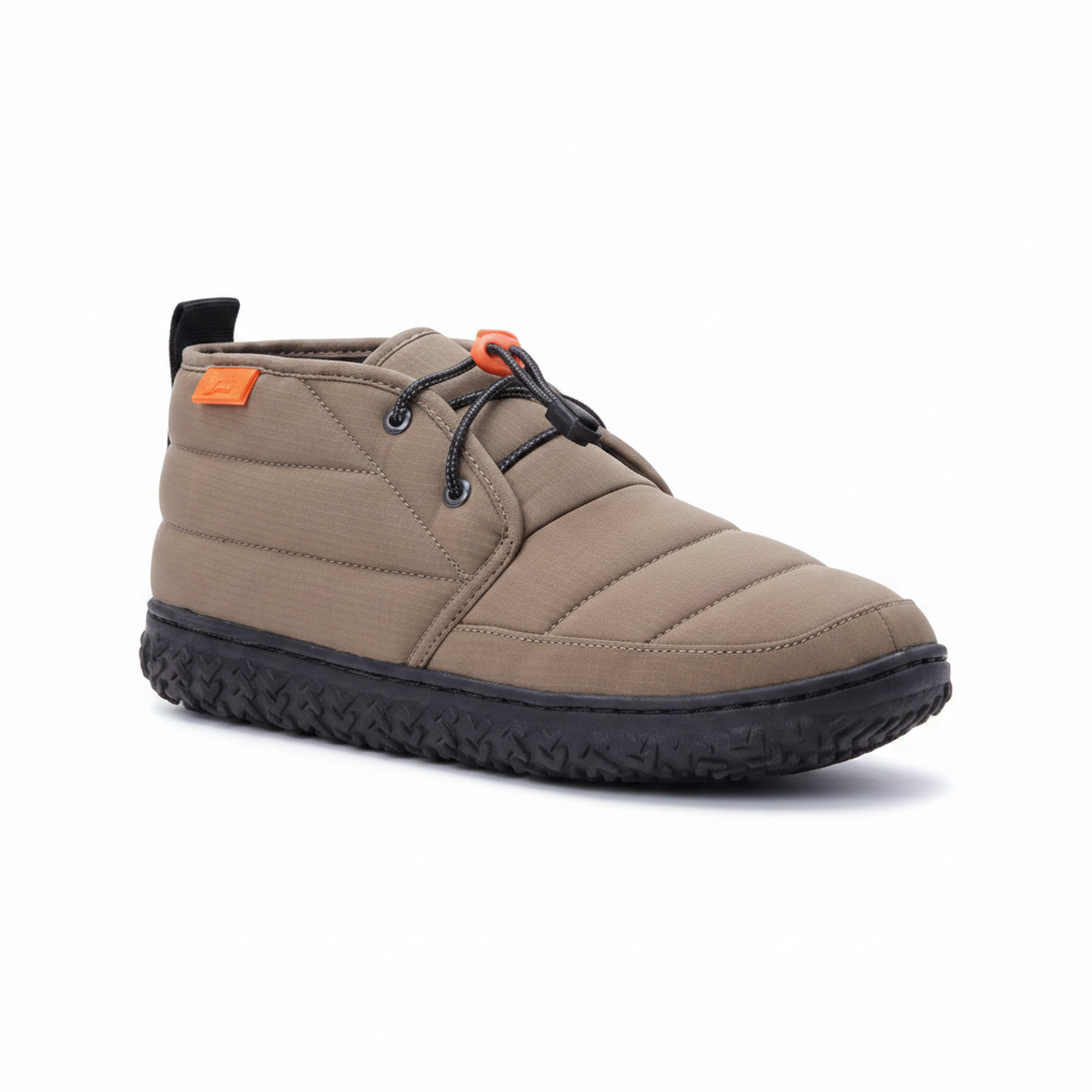 Angled 3/4 top view of taupe quilted puffer chukka boot showing upper detail and orange hardware on clean white background