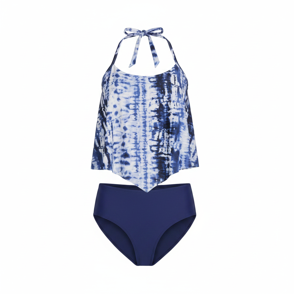 Women's blue tie-dye flowy halter tankini top and solid navy high-waist bikini bottoms hero shot on clean white background