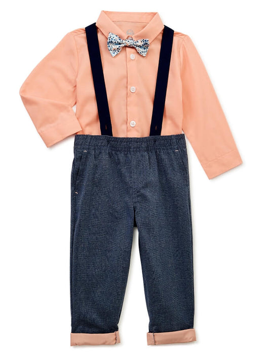 Wonder Nation Baby and Toddler Boy Button-Down Shirt, Bowtie, Suspenders and Pants Outfit Set, 4-Piece Set by Walmart
