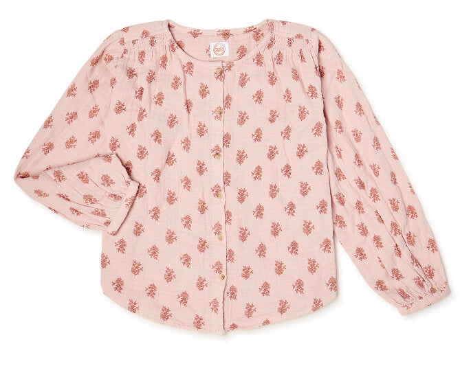 Wonder Nation Girls Long Sleeve Printed Woven Top by Walmart