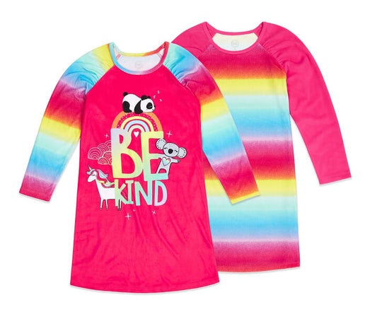 Wonder Nation Girls Super Soft Fleece Long Sleeve Nightgown, 2-Pack, Be Kind by Walmart